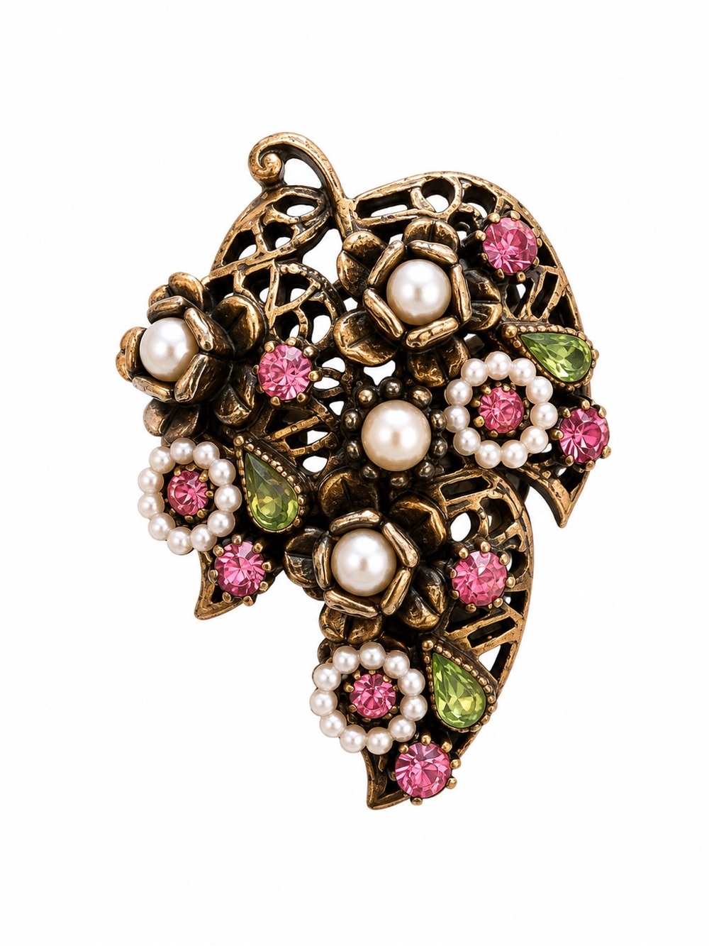 Vintage-Inspired Gold Floral Pearl & Pink Crystal Brooch- 2”